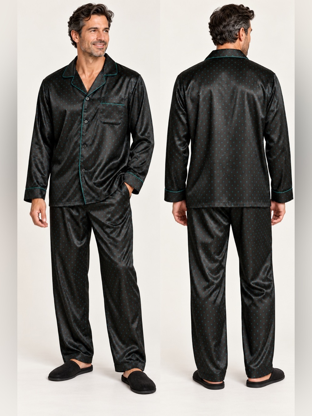 Roundtree & Yorke Men’s Satin Pajama Set Large Black Teal NWT